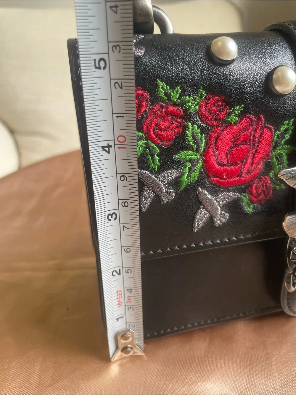 Pinko Black Crossbody with Red Rose Embroidery and Pearl Accents